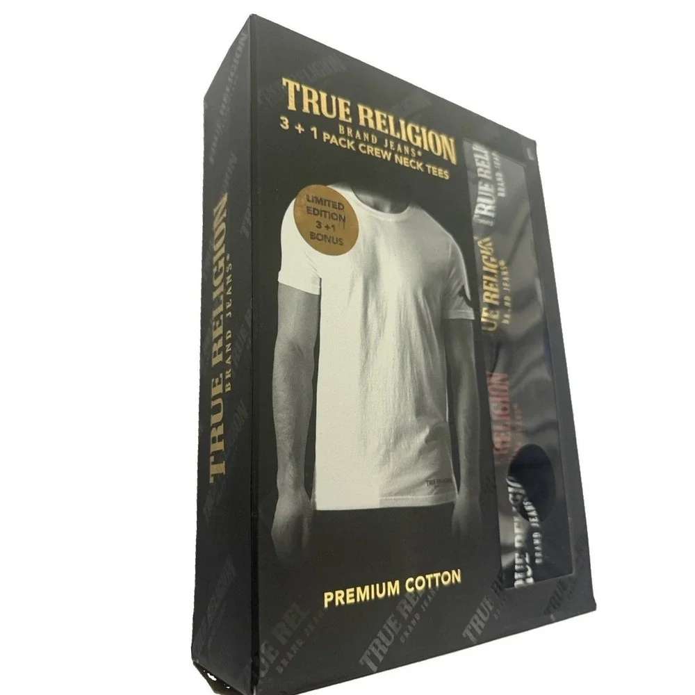 True Religion Men's Black Crew Neck Tee Shirts 4 Pack Size Large New